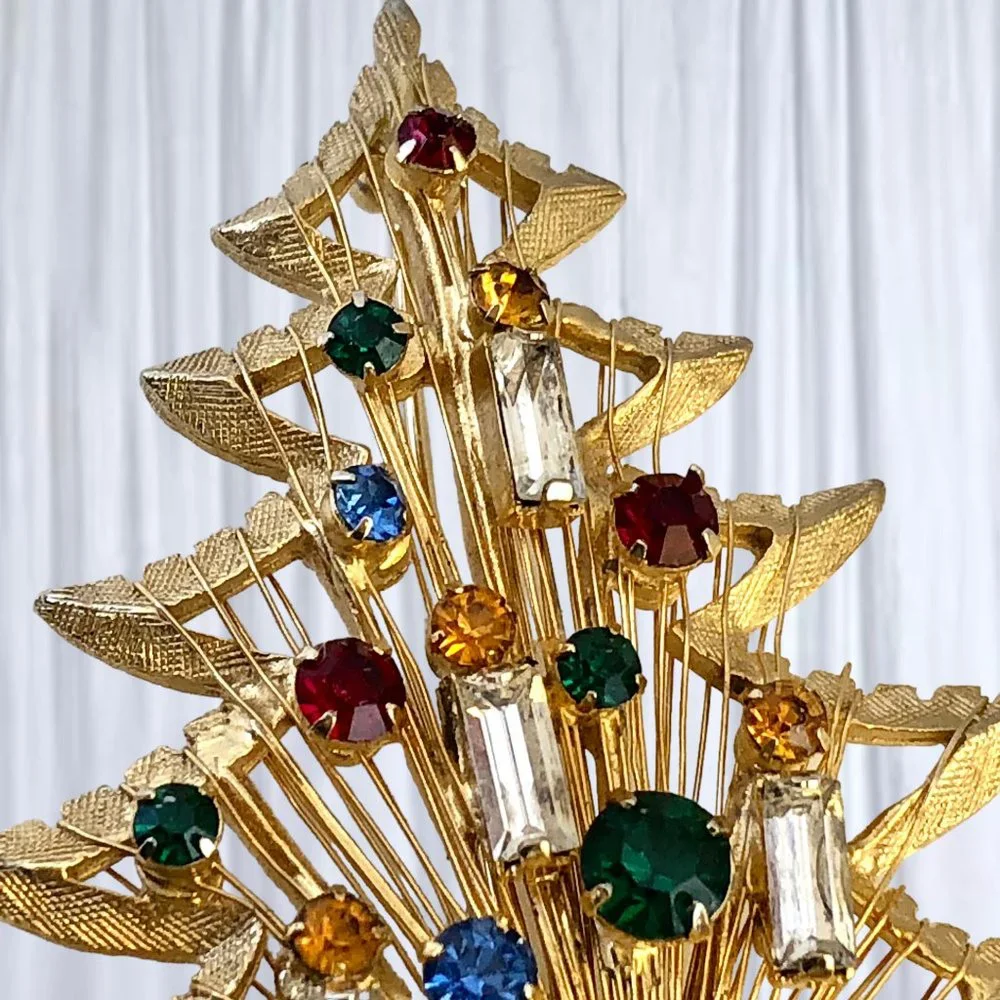 Brooks Christmas Tree Pin Brooch Vtg Goldtone Harp Rhinestones Candles Signed